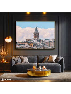 Holda Props Altın Renk Çerçeveli Cam Tablo Galata Kulesi Şehir Mimari Tablo Duvar Dekorasyonu
