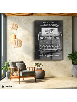 Holda Props Altın Renk Çerçeveli Cam Tablo Daktilo Patent Tasarımı Teknik Çizim Tablo Duvar Dekorasyonu