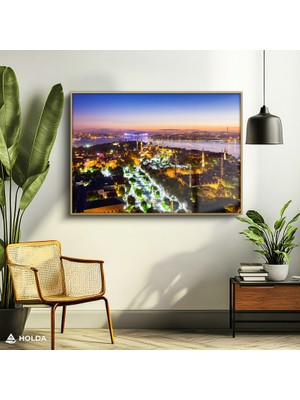 Holda Props Altın Renk Çerçeveli Cam Tablo Istanbul Şehir Mimari Tablo Duvar Dekorasyonu