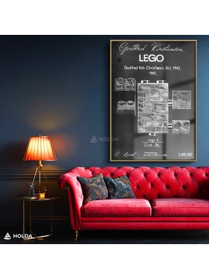 Holda Props Altın Renk Çerçeveli Cam Tablo LEGO Patent Çizimi Teknik Çizim Tablosu Duvar Dekorasyonu