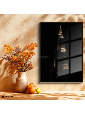 Holda Props Altın Renk Çerçeveli Cam Tablo Burj Khalifa Şehir Mimari Tablo Duvar Dekorasyonu