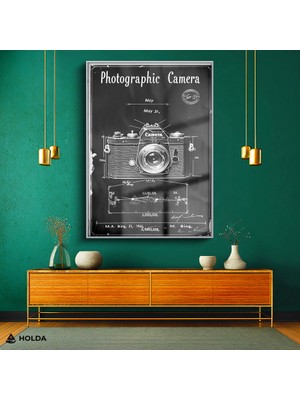 Holda Props Gümüş Renk Çerçeveli Cam Tablo Fotoğraf Makinesi Patent Tasarım Temalı Tablo Duvar Dekorasyonu