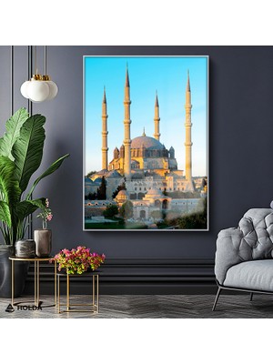 Holda Props Gümüş Renk Çerçeveli Cam Tablo Selimiye Camii Mimari Tablo Duvar Dekorasyonu