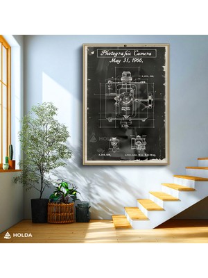 Holda Props Altın Renk Çerçeveli Cam Tablo Kamera Patent Teknik Çizim Tablosu Duvar Dekorasyonu