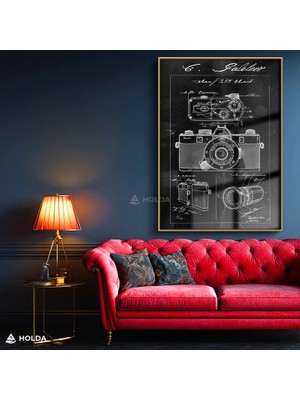 Holda Props Altın Renk Çerçeveli Cam Tablo Fotoğraf Makinesi Patent Teknik Çizim Tablosu Duvar Dekorasyonu