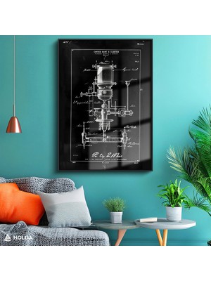 Holda Props Siyah Renk Çerçeveli Cam Tablo Bilimsel Patent Çizimi Teknik Tablo Duvar Dekorasyonu