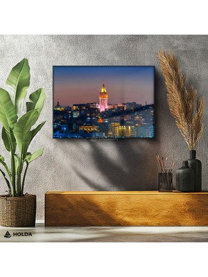 Holda Props Siyah Renk Çerçeveli Cam Tablo Galata Kulesi Istanbul Şehir Mimari Tablo Duvar Dekorasyonu