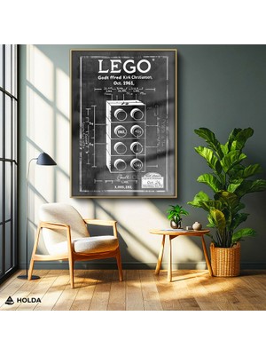 Holda Props Altın Renk Çerçeveli Cam Tablo LEGO Patent Tasarım Tablosu Duvar Dekorasyonu