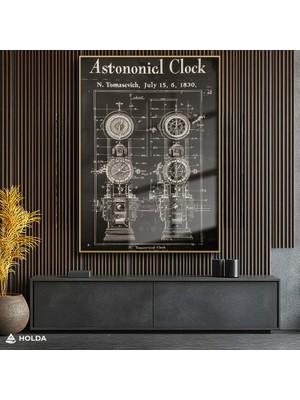 Holda Props Altın Renk Çerçeveli Cam Tablo Astronomik Saat Teknik Çizim Tablo Duvar Dekorasyonu