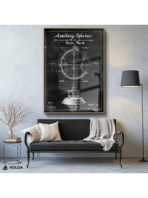 Holda Props Altın Renk Çerçeveli Cam Tablo Astronomi Küresi Bilimsel Tablo Duvar Dekorasyonu