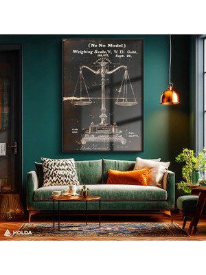 Holda Props Siyah Renk Çerçeveli Cam Tablo Terazi Patent Çizimi Teknik Çizim Tablo Duvar Dekorasyonu