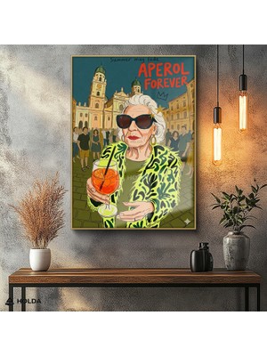 Holda Props Altın Renk Çerçeveli Cam Tablo Aperol Kokteyl Illüstrasyon Pop Art Tablo Duvar Dekorasyonu