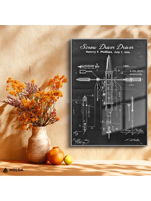 Holda Props Gümüş Renk Çerçeveli Cam Tablo Tornavida Patent Teknik Çizim Tablosu Duvar Dekorasyonu