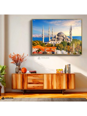 Holda Props Altın Renk Çerçeveli Cam Tablo Sultanahmet Camii Şehir Mimari Tablo Duvar Dekorasyonu