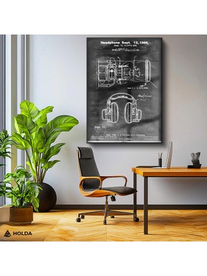 Holda Props Siyah Renk Çerçeveli Cam Tablo Kulaklık Patent Çizimi Teknik Çizim Tablo Duvar Dekorasyonu