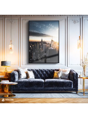 Holda Props Siyah Renk Çerçeveli Cam Tablo New York Şehir Mimari Temalı Tablo Duvar Dekorasyonu