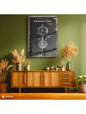 Holda Props Altın Renk Çerçeveli Cam Tablo Astronomik Saat Tasarımı Teknik Çizim Tablosu Duvar Dekorasyonu