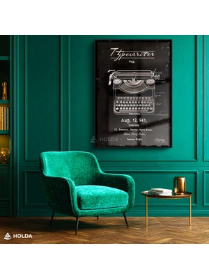 Holda Props Siyah Renk Çerçeveli Cam Tablo Daktilo Patent Teknik Çizim Tablosu Duvar Dekorasyonu