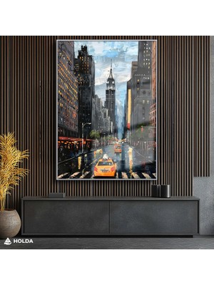 Holda Props Gümüş Renk Çerçeveli Cam Tablo New York Şehir Mimari Tablo Duvar Dekorasyonu