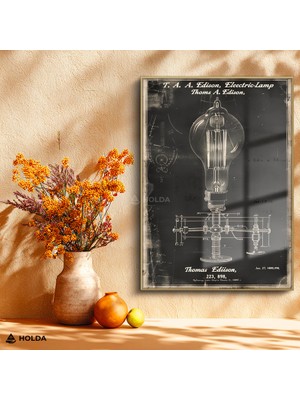 Holda Props Altın Renk Çerçeveli Cam Tablo Ampul Patent Tasarım Tablosu Duvar Dekorasyonu
