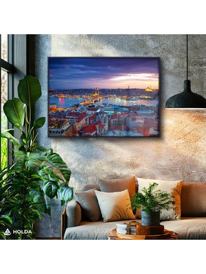 Holda Props Siyah Renk Çerçeveli Cam Tablo Istanbul Şehir Manzarası Şehir Mimari Tablo Duvar Dekorasyonu