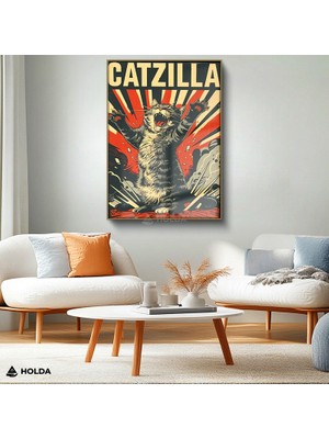 Holda Props Altın Renk Çerçeveli Cam Tablo Catzilla Kedi Hayvan Tablosu Duvar Dekorasyonu