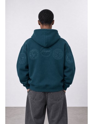 Respire Erkek Rosette Nakışlı Oversize Hoodie Zümrüt