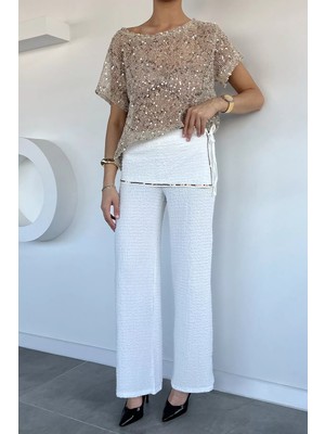 Gülseli Kadın Bel Lastikli Pul Detaylı Pantolon (Fular Ürüne Sabittir.) P-00022233