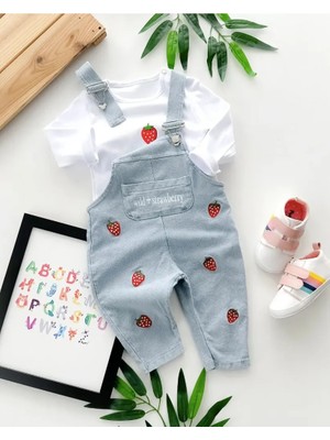 Valia Baby Çilek Nakışlı Uzun Kollu 2'li Mevsimlik Pamuklu Salopet Tulum Kız Bebek Çocuk