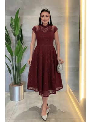 Giyimmasalı Dantel Payet Kumaş Midi Elbise - BORDO-GYM-169