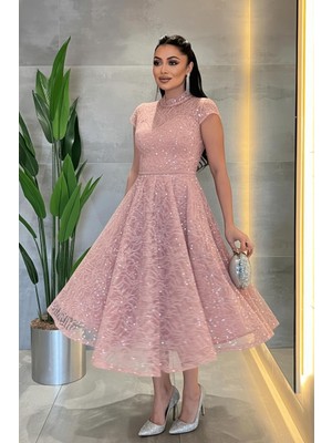 Giyimmasalı Dantel Payet Kumaş Midi Elbise - PUDRA-GYM-169