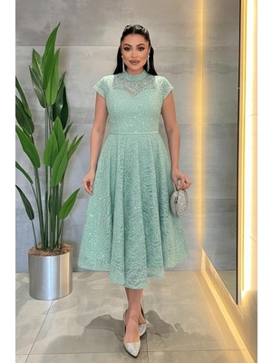 Giyimmasalı Dantel Payet Kumaş Midi Elbise - Mint YEŞİLİ-GYM-169