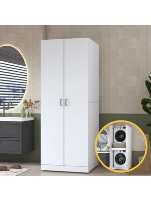 Rani Mobilya Rani KD125 Çamaşır Makinesi Dolabı 2 Kapaklı Raflı Çekmeceli Banyo Dolabı Beyaz