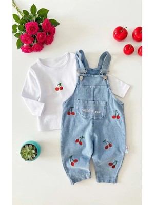 Valia Baby Kiraz Nakışlı Uzun Kollu 2'li Mevsimlik Salopet Tulum Kız Bebek Çocuk
