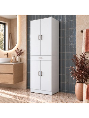 Rani Mobilya Rani KD127 Çamaşır ve Kurutma Makinesi Dolabı 4 Kapaklı Çekmeceli Banyo Dolabı Beyaz