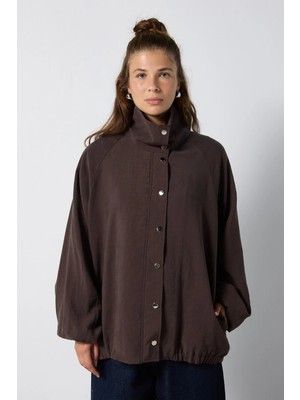 Minaaise Kadın Kahverengi Dik Yaka Oversize Modal Astarlı Trençkot 32006