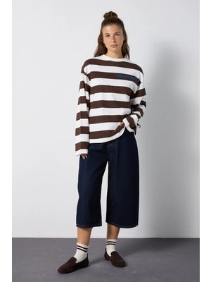 Minaaise Kadın Kahverengi Baskılı Oversize Sweaeshirt 32067