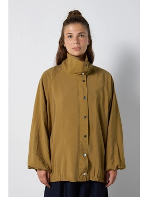 Minaaise Dik Yaka Oversize Modal Trençkot Yağ Yeşili
