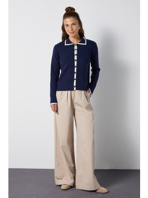Minaaise Kadın Lacivert Premium Regular Fit Polo Yaka Triko Hırka 7060