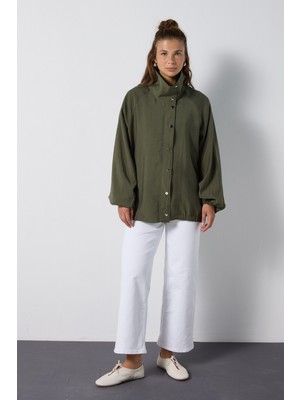 Minaaise Kadın Haki Dik Yaka Oversize Modal Astarlı Trençkot 32006