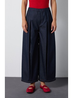 Minaaise Kadın Lacivert Premium Beli Lastikli Oversize Kot Pantolon 32010