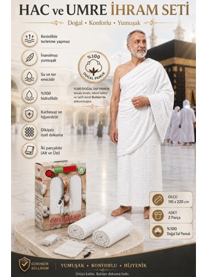 İhvan Online Erkek Hac ve Umre Ihram Seti - Bambu Pamuk Ihram, Lastikli Kemer, Para Kesesi ve Tavaf Tesbihi