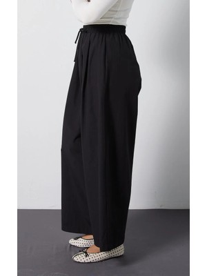Minaaise Kadın Siyah Premium Lastikli Bol Kesim Poplin Pantolon 32012