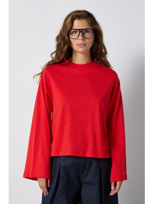 Minaaise Crop Geniş Kol Oversize Basic T-Shirt Kırmızı 30059