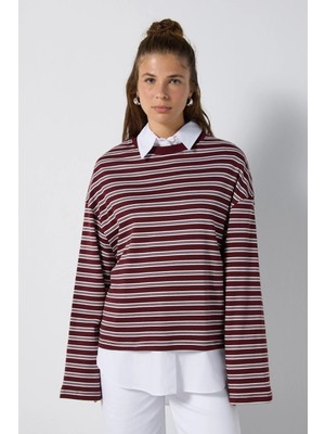 Minaaise Kadın Bordo Çizgili Oversize Tshirt 32066