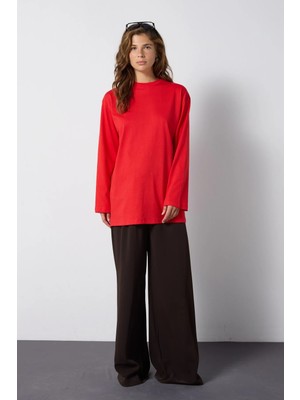 Minaaise Geniş Kol Oversize Basic T-Shirt Kırmızı