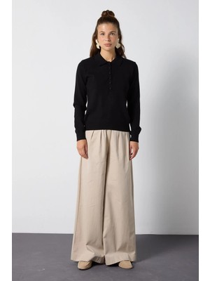Minaaise Kadın Siyah Premium Yumoş Polo Yaka Triko Kazak 7064