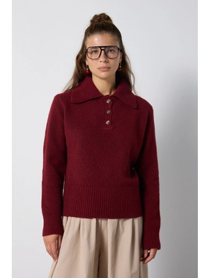 Minaaise Kadın Bordo Şardonlu Polo Yaka Triko Kazak 7019