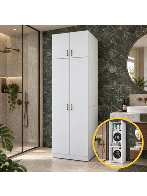 Rani Mobilya Rani KD144 Çamaşır ve Kurutma Makinesi Dolabı Çekmeceli Raflı Banyo Dolabı Beyaz
