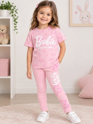 Moda Rüyası Kız Çocuk Barbie Baskılı Pembe Tişört ve Tayt Takım 3-4 Yaş